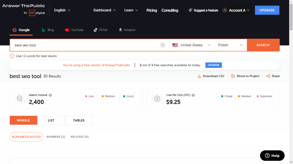 Interface after searching for a seed keyword in AnswerThePublic