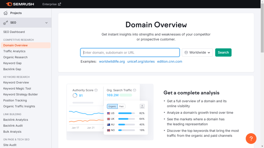 semrush domain overview user interface